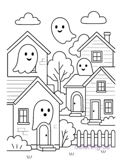 Cute Ghost Neighborhood Coloring Page