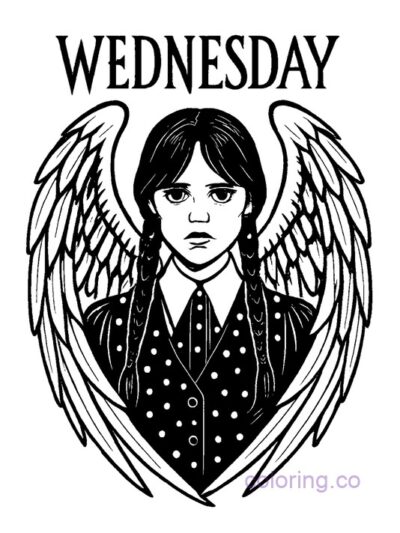 Wednesday Addams Coloring Page with Raven Wings