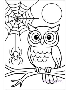 Owl and Spider Moonlit Coloring Page