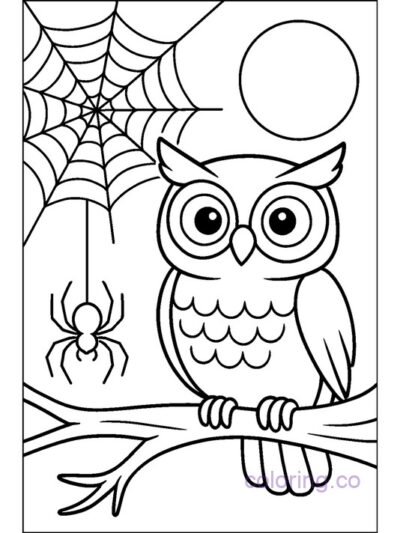 Owl and Spider Moonlit Coloring Page