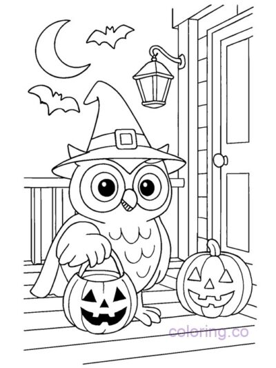 Cute Owl Trick-or-Treating Coloring Page
