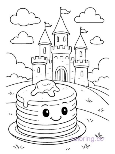 Cute Pancake and Fairytale Castle Coloring Page