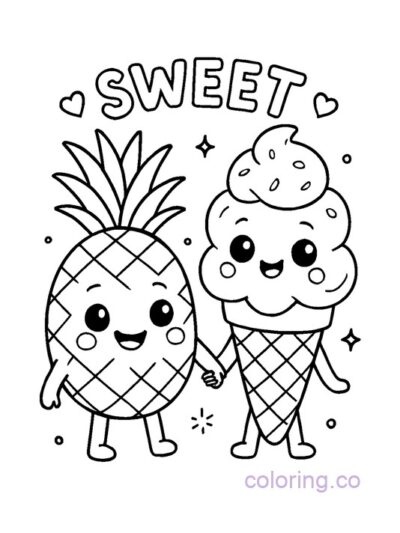 Cute Pineapple and Ice Cream Coloring Page