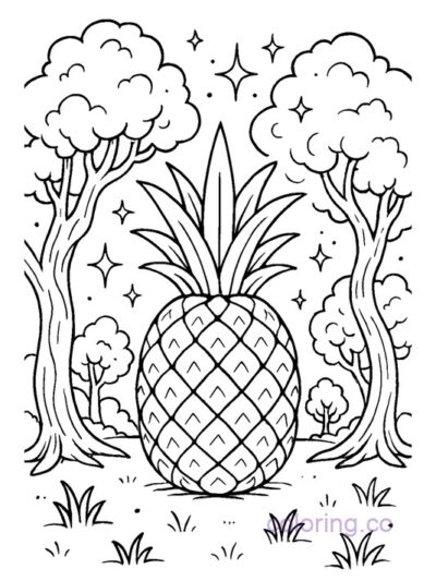 Pineapple in Enchanted Forest Coloring Page