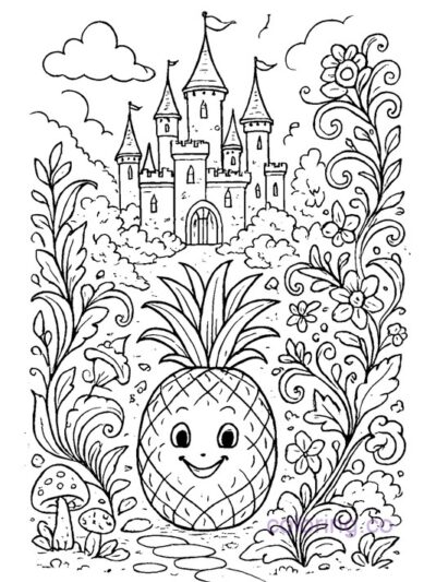 Pineapple in a Fairytale Castle Garden Coloring Page
