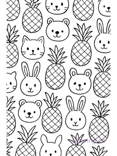 Pineapple and Animal Friends Coloring Page