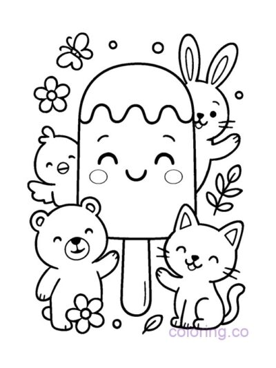 Adorable Popsicle and Animal Friends Coloring Page