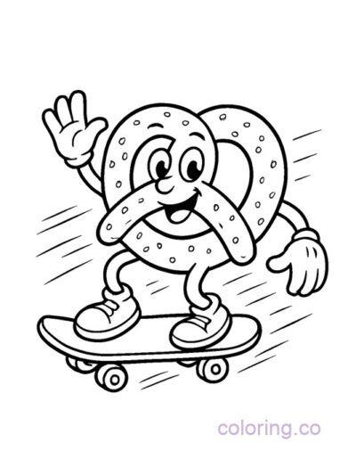 Cute Pretzel on Skateboard Coloring Page for Kids