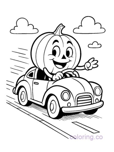 Fun Pumpkin Driving a Car Coloring Page