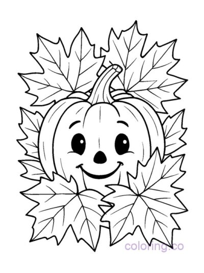 Cute Pumpkin Hiding in Leaves Coloring Page