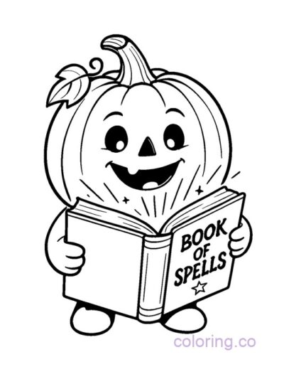 Cute Pumpkin with Spell Book Coloring Page