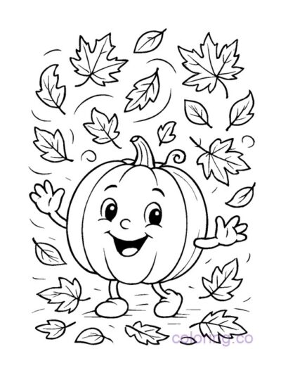 Cute Pumpkin Playing with Leaves Coloring Page