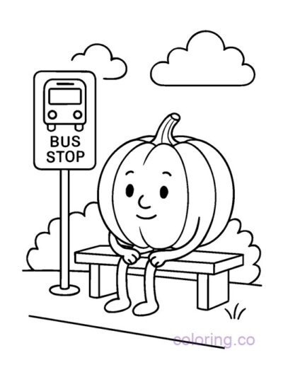 Cute Pumpkin at Bus Stop Coloring Page
