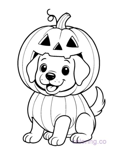 Cute Puppy in Pumpkin Costume Coloring Page