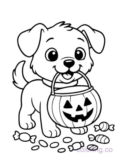 Cute Puppy Trick-or-Treating Coloring Page