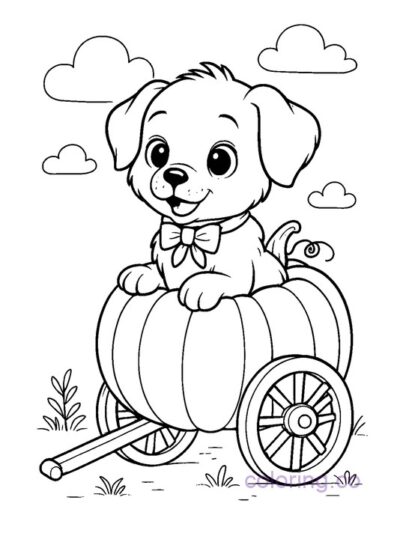 Puppy in a Pumpkin Wagon Coloring Page