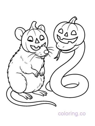 Friendly Halloween Rat and Snake Coloring Page