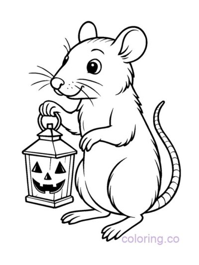 Cute Rat with Halloween Lantern Coloring Page