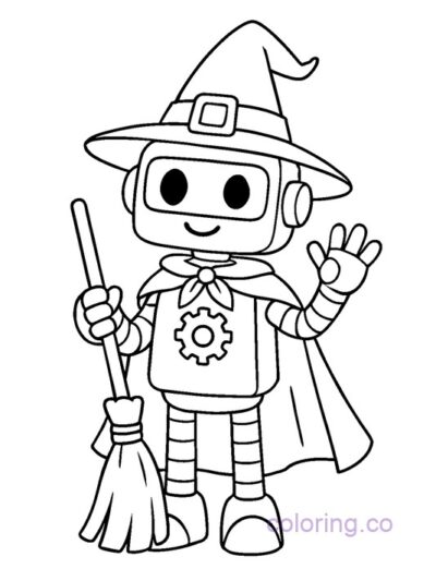 Robot in Witch Costume Coloring Page