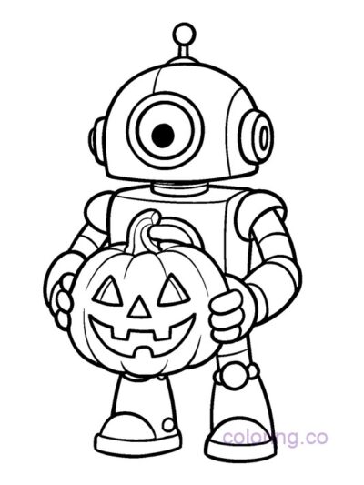 Robot Holding Glowing Jack-o-Lantern Coloring Page