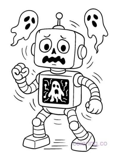 Spooky Robot with Haunted Circuits Coloring Page