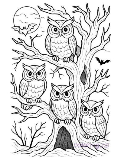 Spooky Owls in Haunted Tree Coloring Page