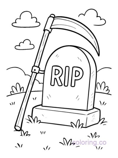Halloween Gravestone and Scythe Coloring Page