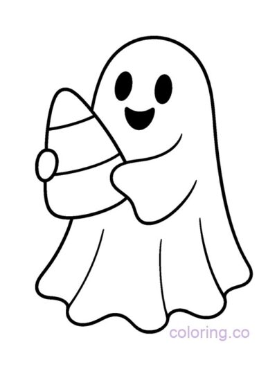 Adorable Ghost with Candy Corn Coloring Page