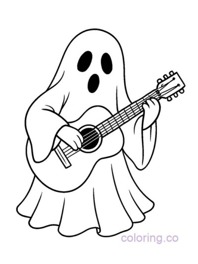 Cute Ghost Playing Guitar Coloring Page