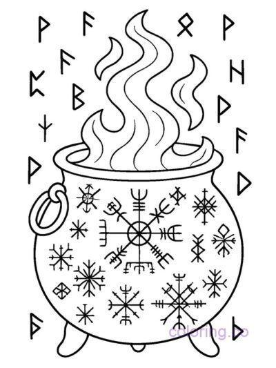 Intricate Cauldron with Runes Coloring Page