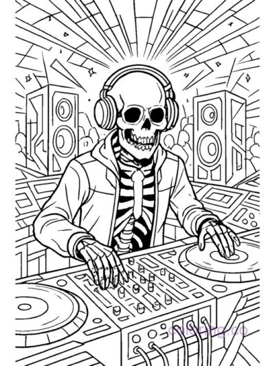 Skeleton DJ in Cyber Booth Coloring Page