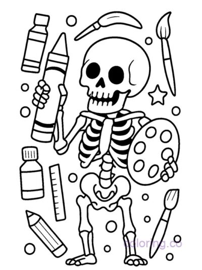 Cute Skeleton with Crayon Coloring Page