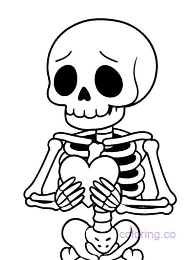 Cute Skeleton with Heart Coloring Page