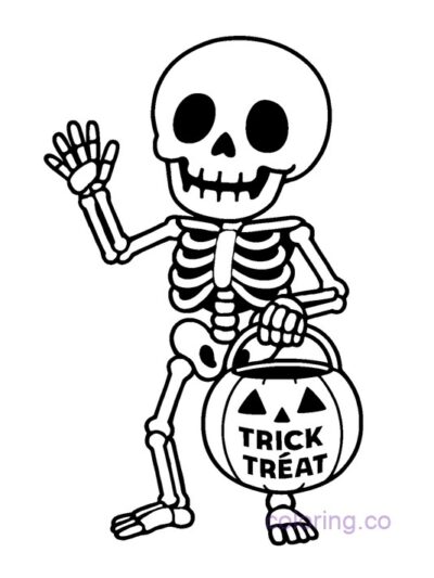 Cute Skeleton with Pumpkin Basket Coloring Page