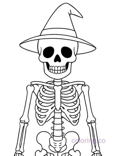 Cute Skeleton with Witch Hat Coloring Page