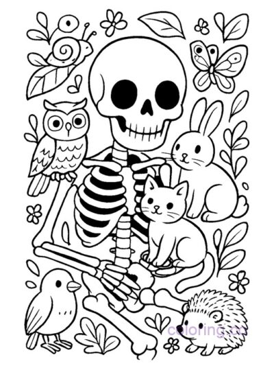 Skeleton and Animal Friends Coloring Page