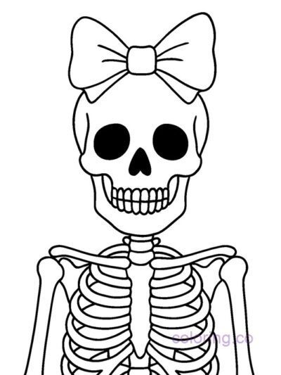 Cute Skeleton with Big Bow Coloring Page