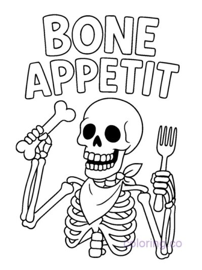 Skeleton Coloring Page with "Bone Appetit" Saying