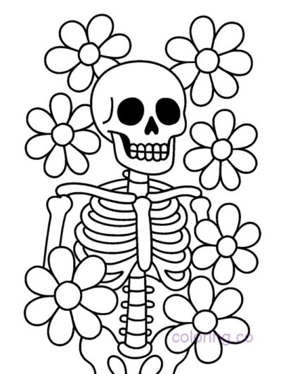 Skeleton and Flowers Coloring Page