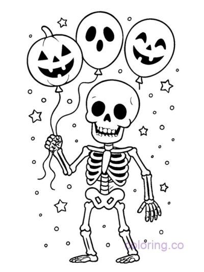 Halloween Skeleton with Balloons Coloring Page