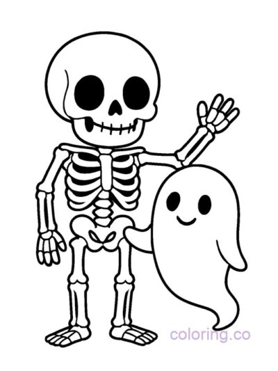 Cute Skeleton and Ghost Coloring Page