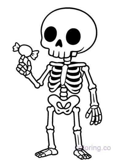 Cute Skeleton with Candy Coloring Page