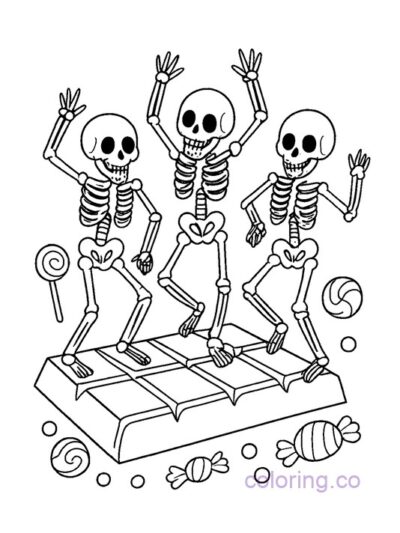 Dancing Skeletons on Candy Bar Coloring Page