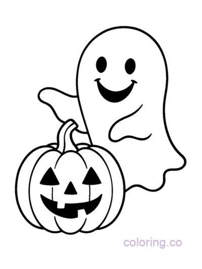 Smiley Ghost and Pumpkin Coloring Page
