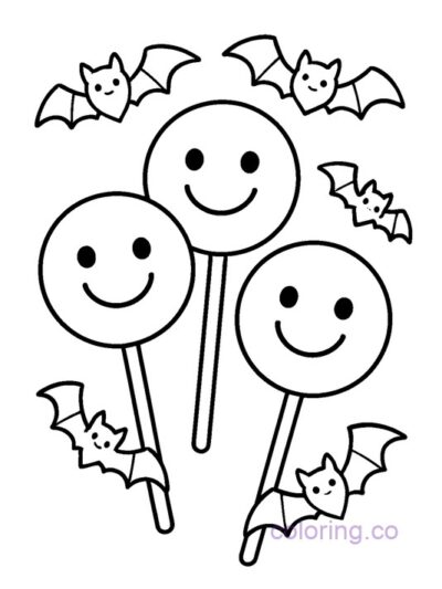 Smiley Lollipops and Bats Coloring Page