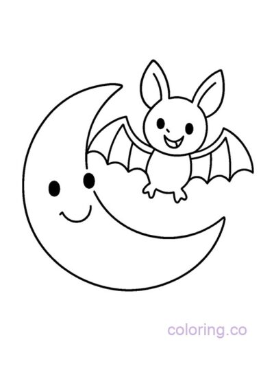 Smiling Moon and Bat Coloring Page