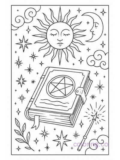 Magical Spell Book with Celestial Border Coloring Page