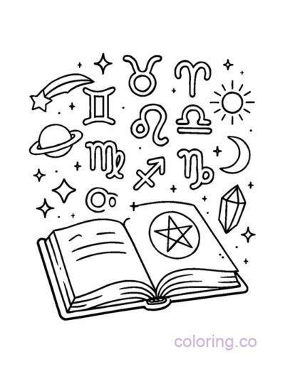 Magical Spell Book with Zodiac Symbols Coloring Page