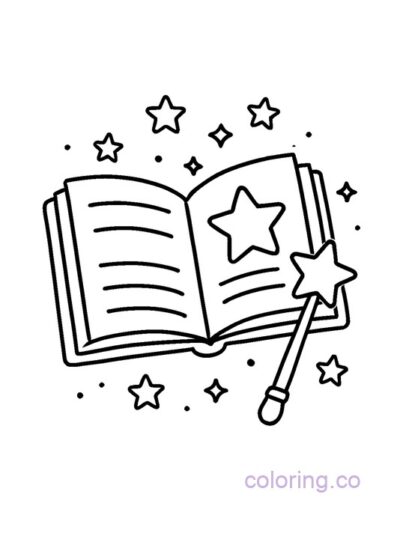 Magical Spell Book and Wand Coloring Page