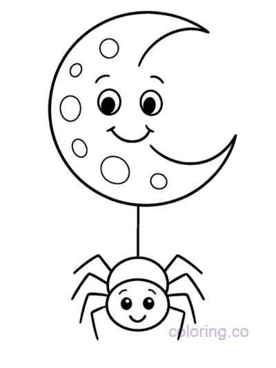Cute Spider and Smiling Moon Coloring Page